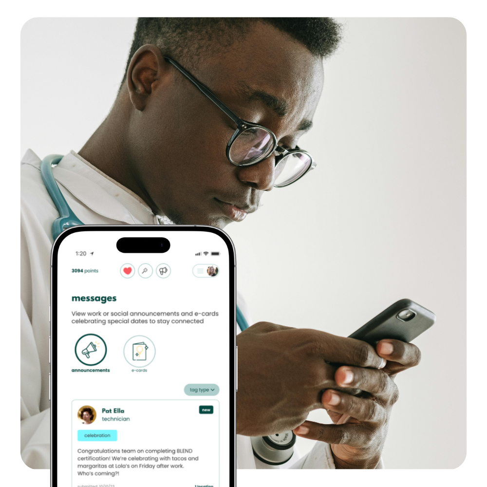 Team chat and e-cards for team-wide announcements, separate from a group text thread.